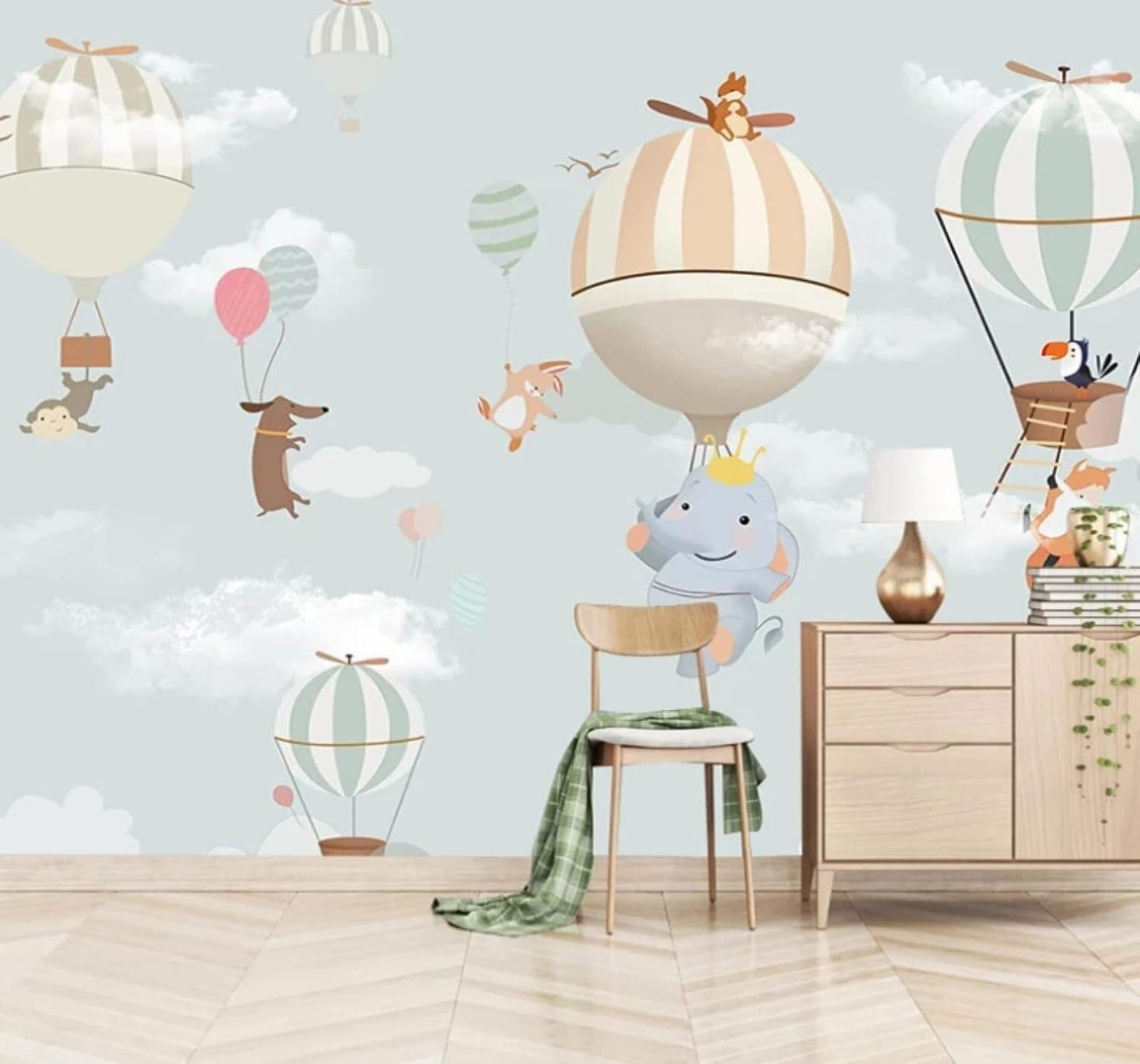 Elephant Cartoon Animal Balloon Sky 3D Wallpaper Easy Install Feature Office Living Room Sofa Bedroom TV Background Wall Decoration-400cm×280cm