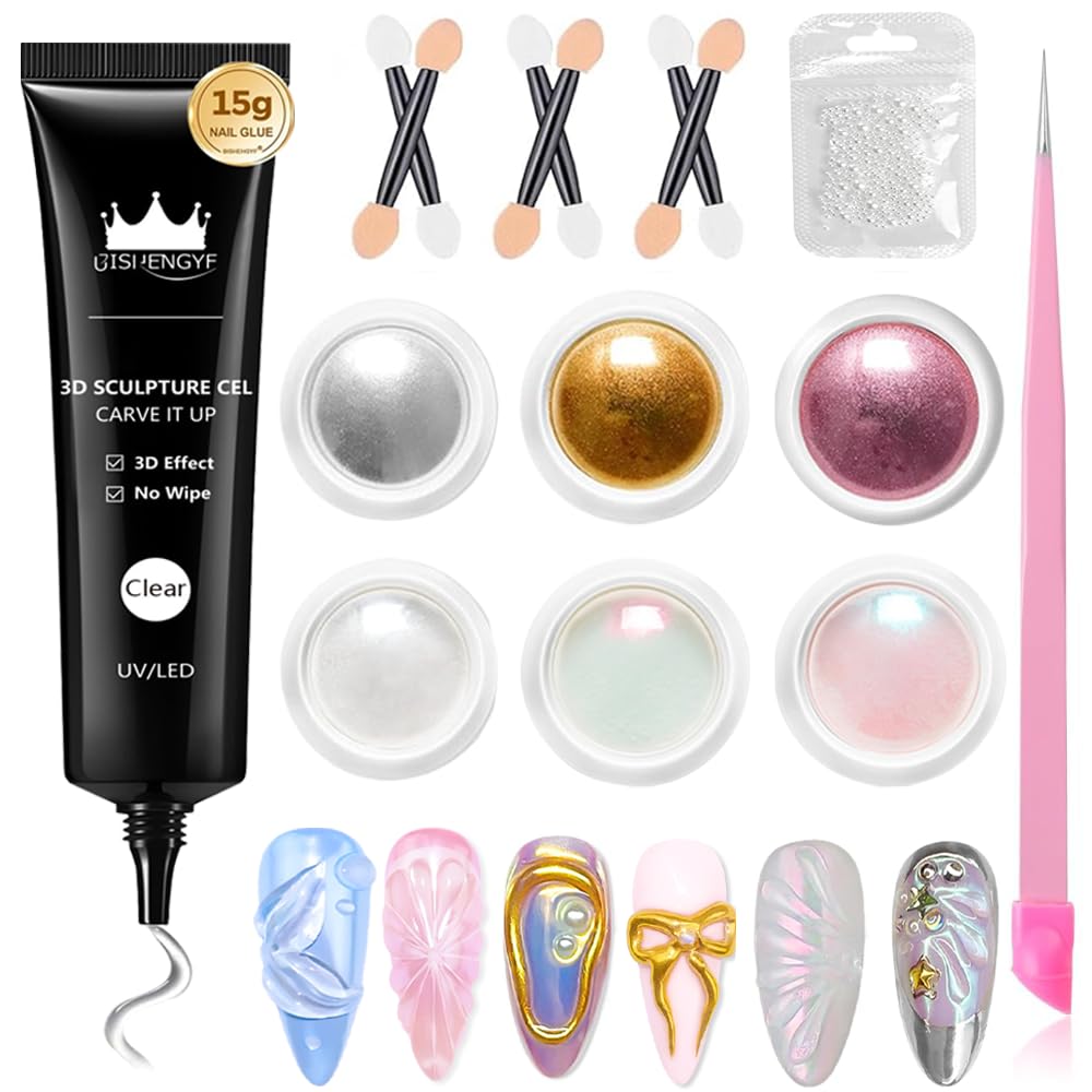 BISHENGY Chrome Pulver NäGel Kit & No Wipe 3d Gel–15 G Langanhaltend 3d Gel Nail Art, Silber/Gold Metallic Spiegelperle Chrome Powder ManiküRe, Rosa PediküRe-Dekoration (GrüN/Lila)