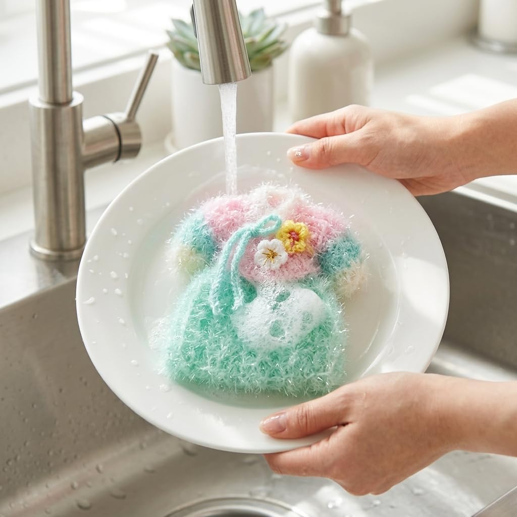Handmade Hanbok Crochet Scrubber, Korean Dress 한복 수세미 민트 치마 image 3