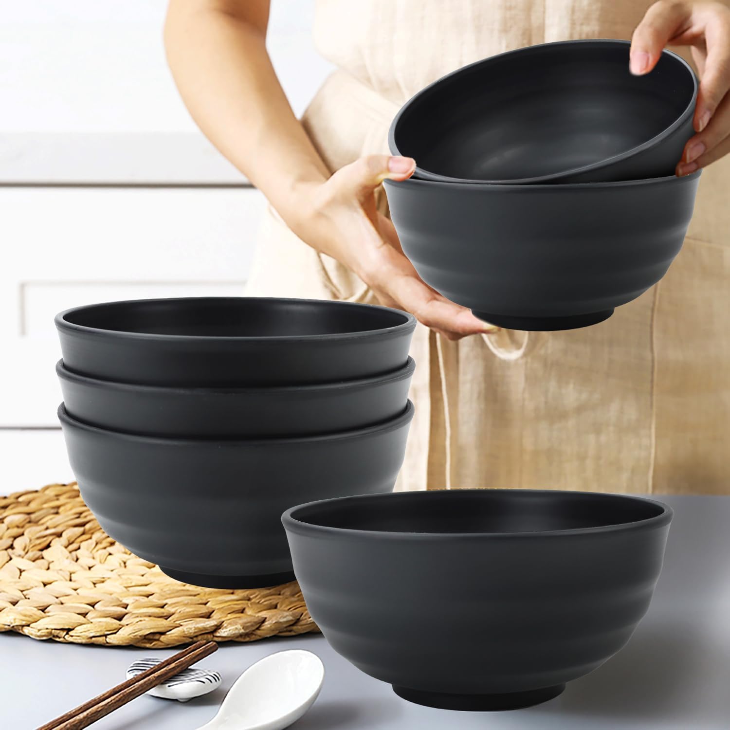 Wheat Straw Bowls Unbreakable Large Salad Bowls 60 OZ Set of 6, Microwave and Dishwasher Safe Large Plastic Bowl, Big Bowl for Eating, Serving Soup, Ramen, Popcorn (Black) - Image 5