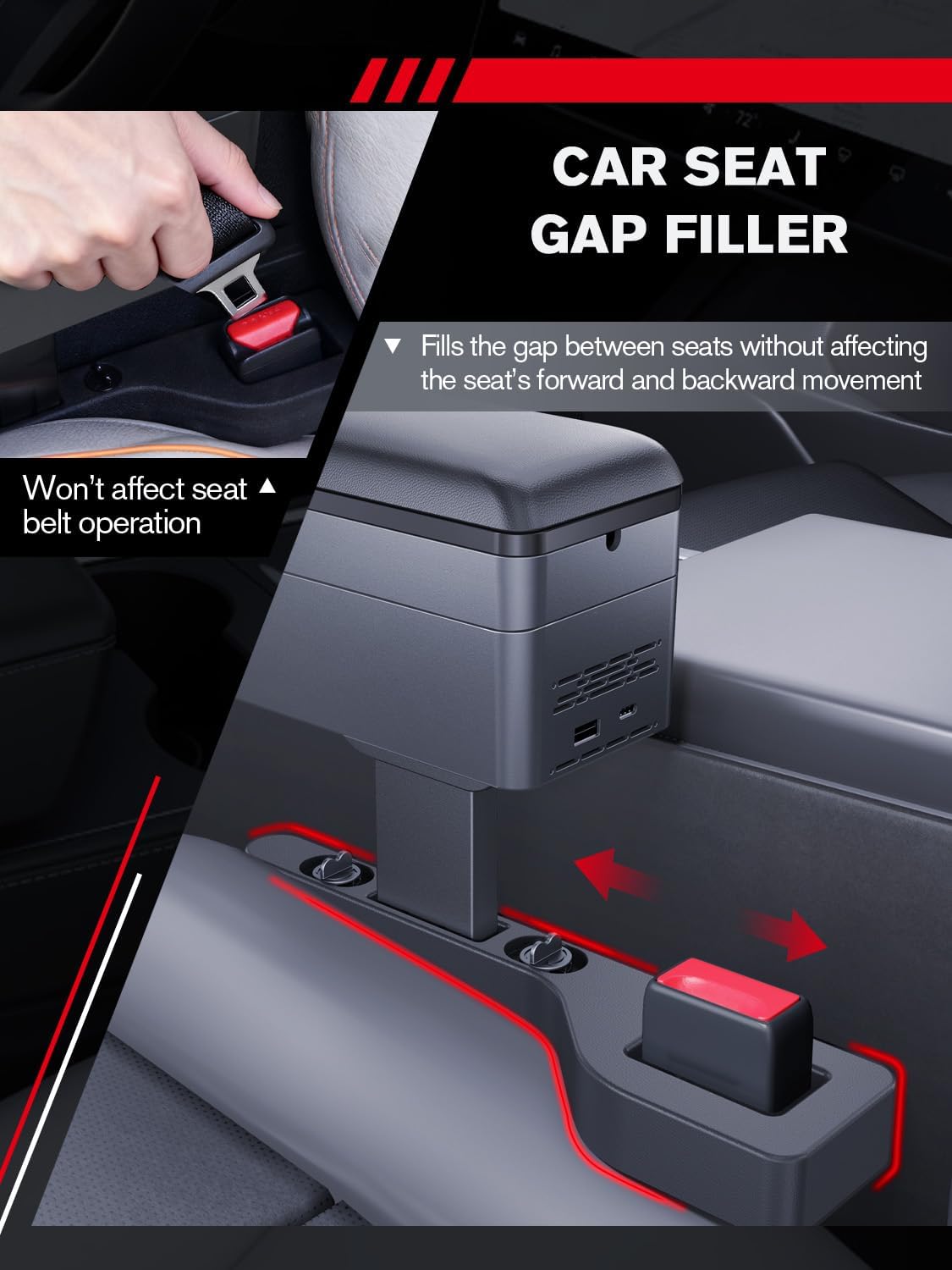 for 2-in-1 Car Armrest & Car Seat Gap Filler - Adjustable Sponge Armrest with 9-Level Height - 15W Wireless Charging & 50W Power Dock - Dual-Layer Car Storage Box - Fits Driver & Passenger