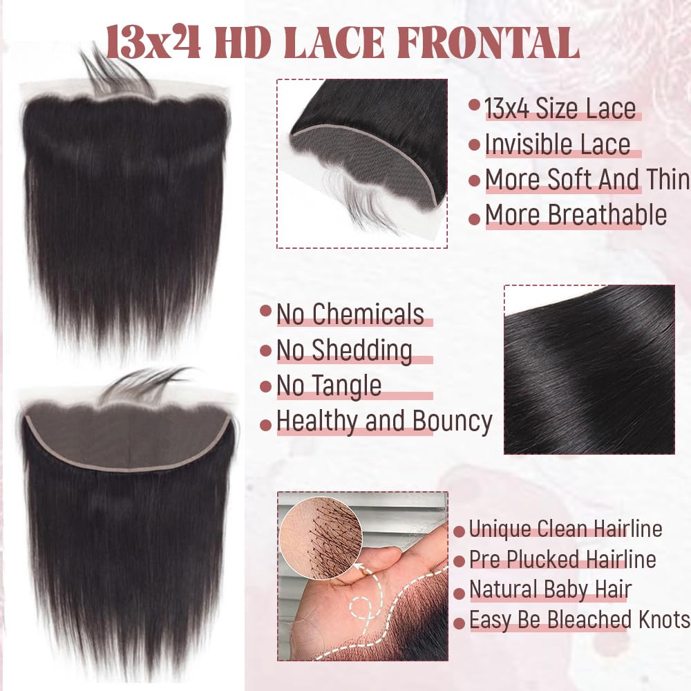 HD Lace Frontal Closure,Straight 13x4 SKINLIKE Hd Transparent Lace Frontal Ear To Ear Free Part Brazilian Virgin Human Hair Extensions Invisible Swiss Lace Frontal with Baby Hair Natural Black Color