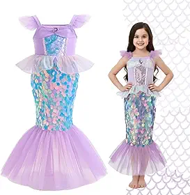 Fantasia Infantil Sereia Lilás com Lantejoulas Brilhantes e Saia Tule Vestido Temático para Festas Aniversários e Carnaval