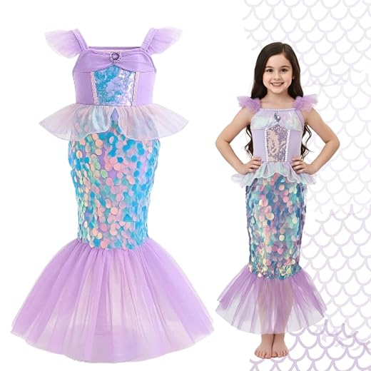 Fantasia Infantil Sereia Lilás com Lantejoulas Brilhantes e Saia Tule Vestido Temático para Festas Aniversários e Carnaval