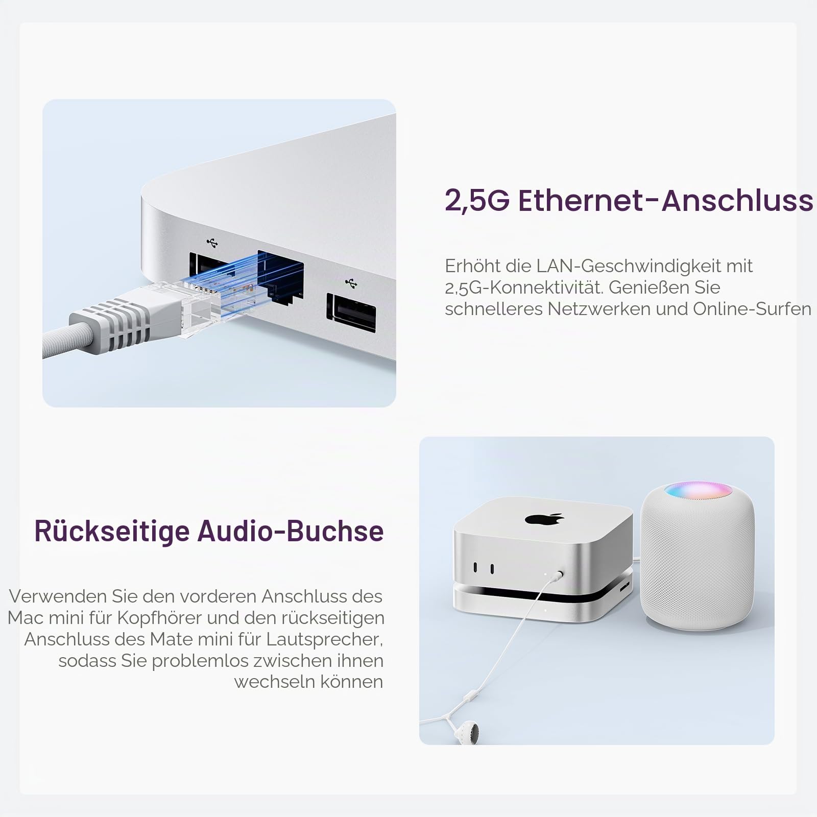 Mate Mini-A Thunderbolt 5 Mac Mini M4 Dock & Ständer, Dual PCIex2 SSD Slot, Max 16TB Erweiterung, PD3.0 Port, SD4.0 Kartenleser, 2,5G LAN, 2 x USB A 10 Gbit/s für Laptops/Desktop-PC/Mini-PC
