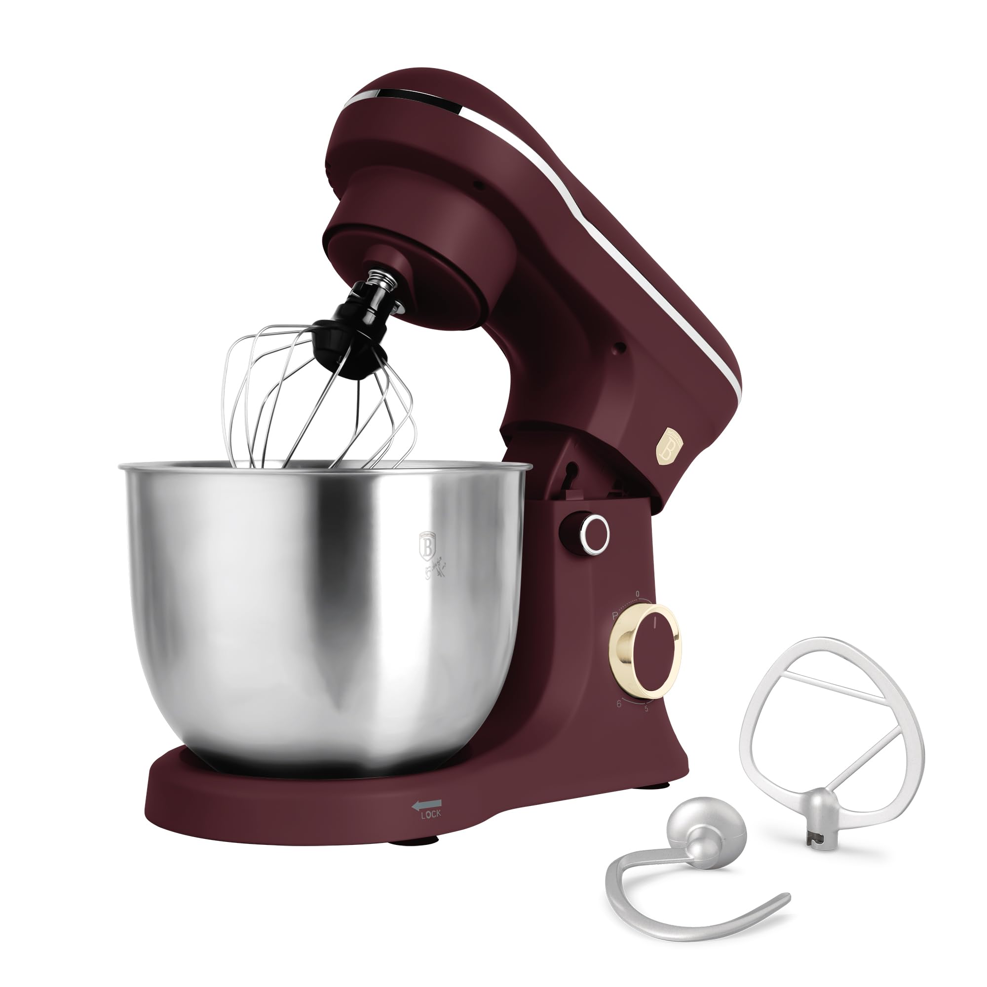 Berlinger Haus Robot de Cocina Multifuncional 1500W, 5L, Acero Inoxidable, Gancho y Batidor Antiadherente, Motor Silencioso, Luz LED, Diseño Elegante, Bordeaux Mate