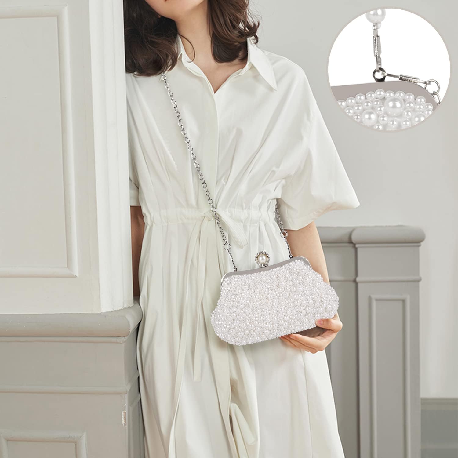 Oweisong White Pearl Clutch Purses for Women Wedding Bride Pearl Evening Bag Party Clutch Wallet Tote Handbag