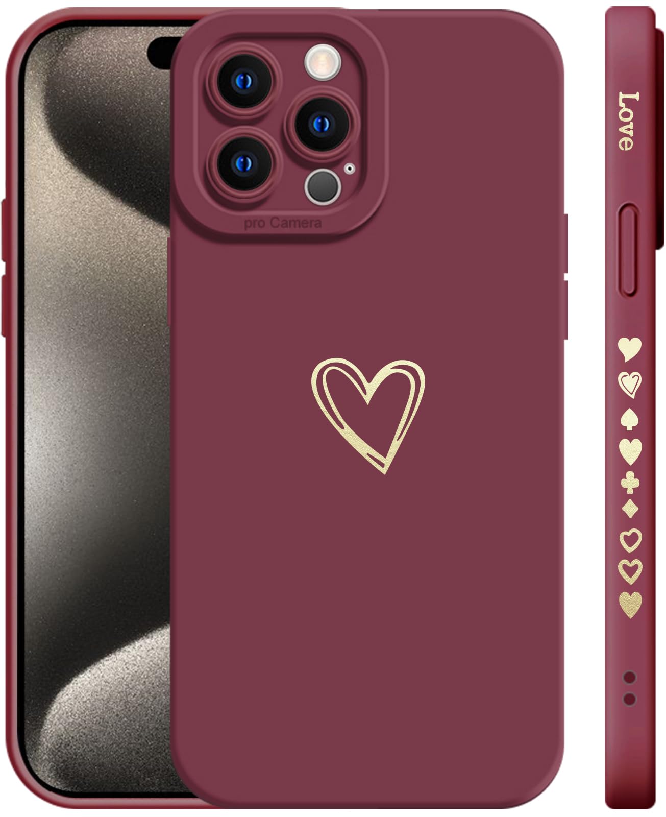 T Tersely Compatible with iPhone 15 Pro Case Luxury Gold Heart Pattern Soft Liquid Silicone Shockproof Case for Women Girls Side Cute Plated Heart Pattern Slim Phone Case (Wine Red)