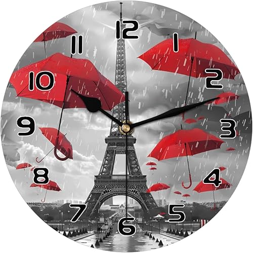 AUUXVA Reloj de pared París Torre Eiffel Paraguas rojo, reloj silencioso sin tictac para cocina, sala de estar, dormitorio, hogar, obras de arte de