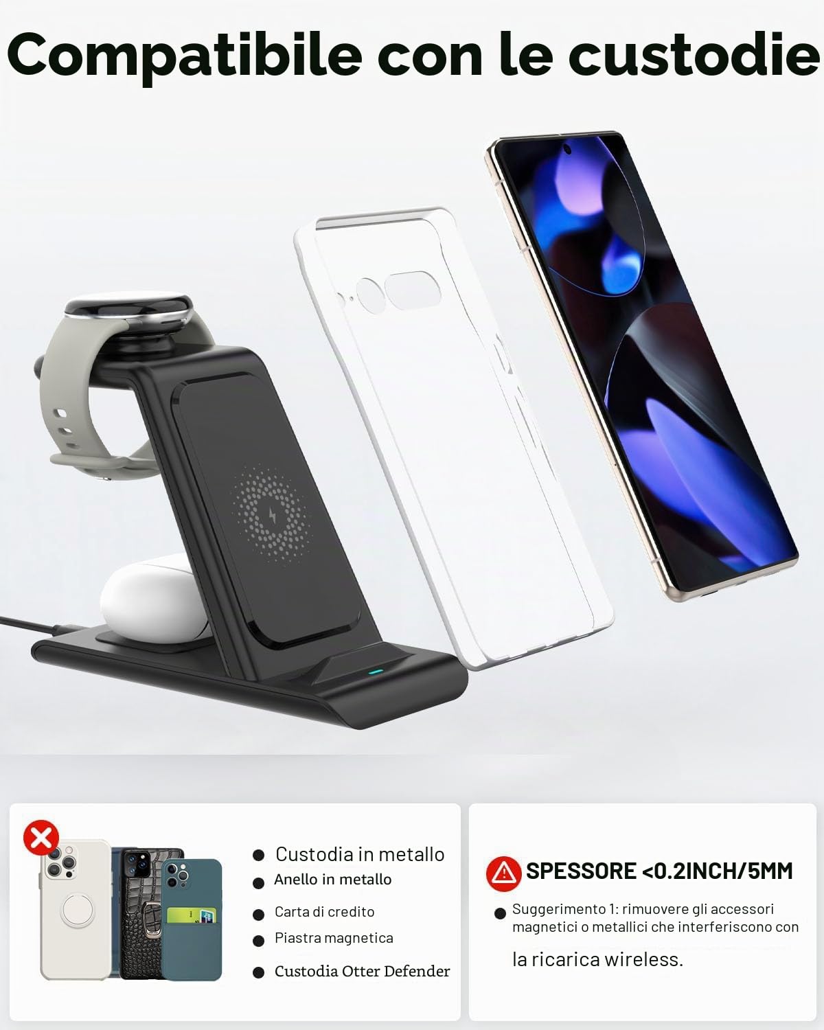 SPGUARD Caricatore Wireless per Google Pixel Watch 3/2, Supporto di Ricarica 3in1 con Google Pixel 8/8a/7/7a/Fold/7, Stazione di Ricarica Wireless per Pixel Buds Pro(Non applicabile a Pixel Watch 1)