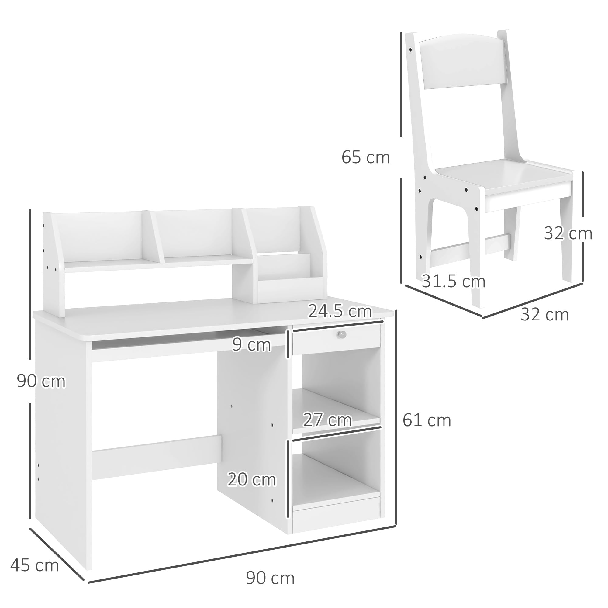 ZONEKIZ Tavolo Scrivania per Bambini con Sedia, Banco Scuola per Bambini da 5 a 8 Anni in Legno con Scaffale e Seggiola, Bianco