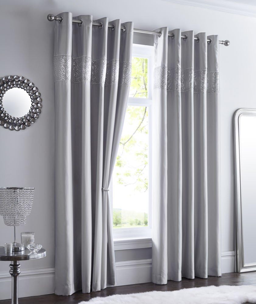 GREY LINED CURTAINS EYELET RING TOP Luxury Faux Silk with Sequin & diamante trim (66 x 72" (168x183cm))