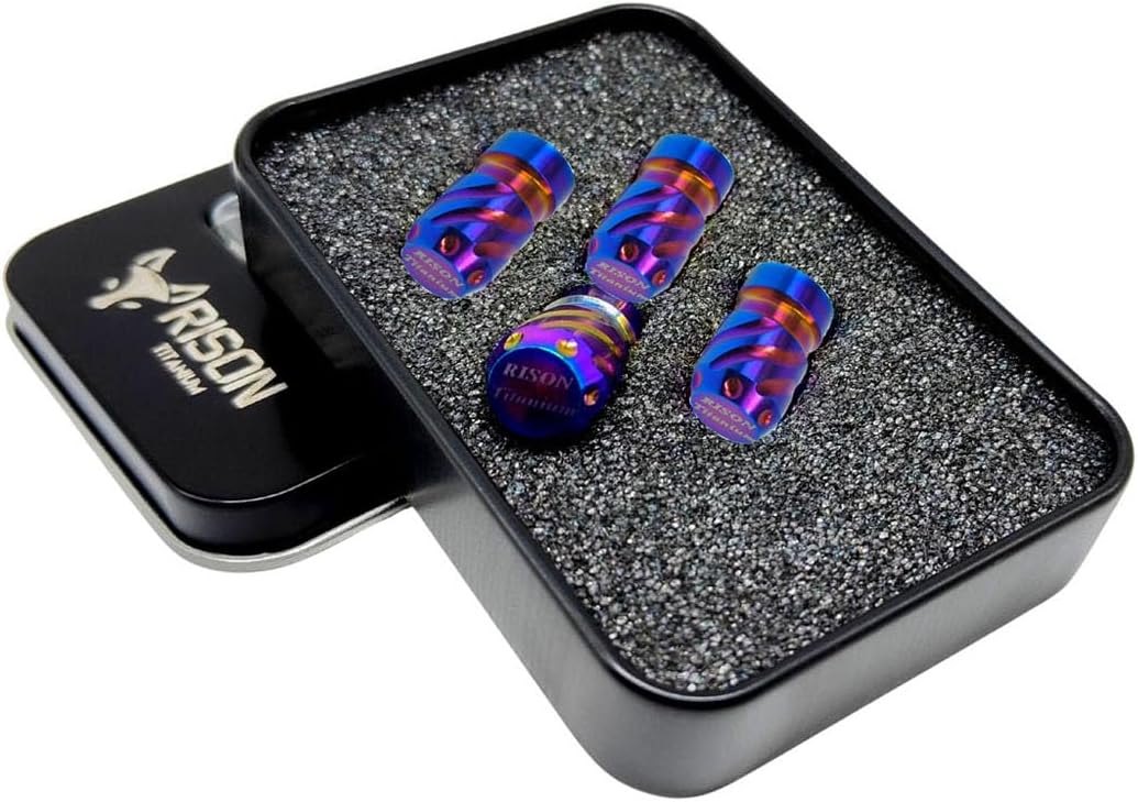 RISON Titanium Car Tire Valve Caps 4Pcs Tyre Valve Stem Cover Dustproof Tire Cap Air Dust Wheel Rim Cap Type CC Anti-Rust Hexagon Design Screw-On Tire Stem Valve Caps (Burnt Blue 3, 21 x φ 12 mm)