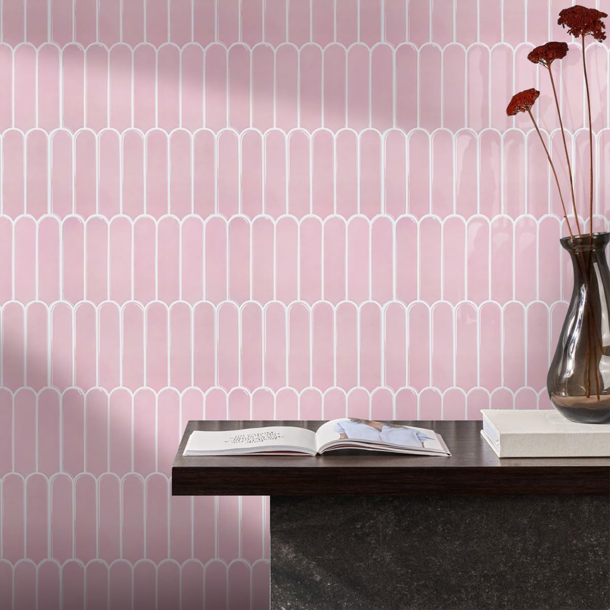 Commomy Thicker Pink Peel and Stick Tile Backsplash - 10 pcs of 12" x 12" - 3D Adhesive Peel and Stick Backsplash for Kitchen, Bathroom, Removable, Waterproof, Vinyl Wall Tile