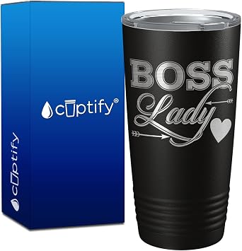Boss Lady Tumbler Birthday Gifts for Women, Coworker, Boss on Black 20 oz Stainless Steel Insulated Cup with Lid - Travel Mug for Mom