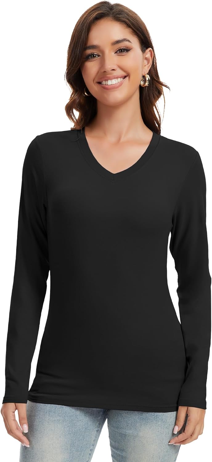 Kinglaman 5 Pack Womens Basic Long Sleeve V Neck Shirts Slim Fitted Tight T Shirts Underscrubs Fall Casual Going Out Tops - Image 2