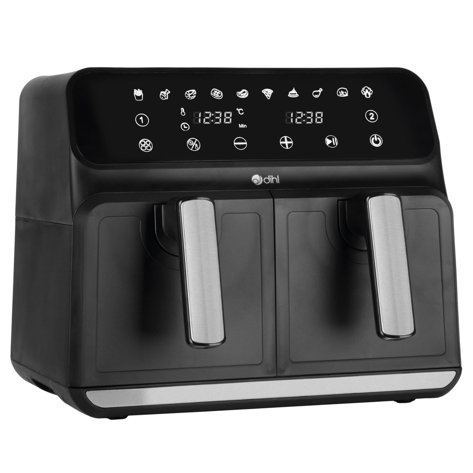 Dihl 8L Double Air Fryer - Black, 2 x 4L Independent Baskets, Dual Zone, Family Size Healthy Oil-free Air Fryer with 10 Pre-sets & Digital LED Display, 1700W