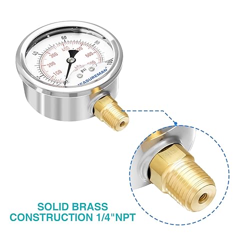 Miniatura 5 de MEASUREMAN Medidor de presión relleno de líquido de 0-100 psikpa con adaptador de manómetro de latón 14NPT hembra, 2-12 OAL x 1-25 "x 18" sonda con