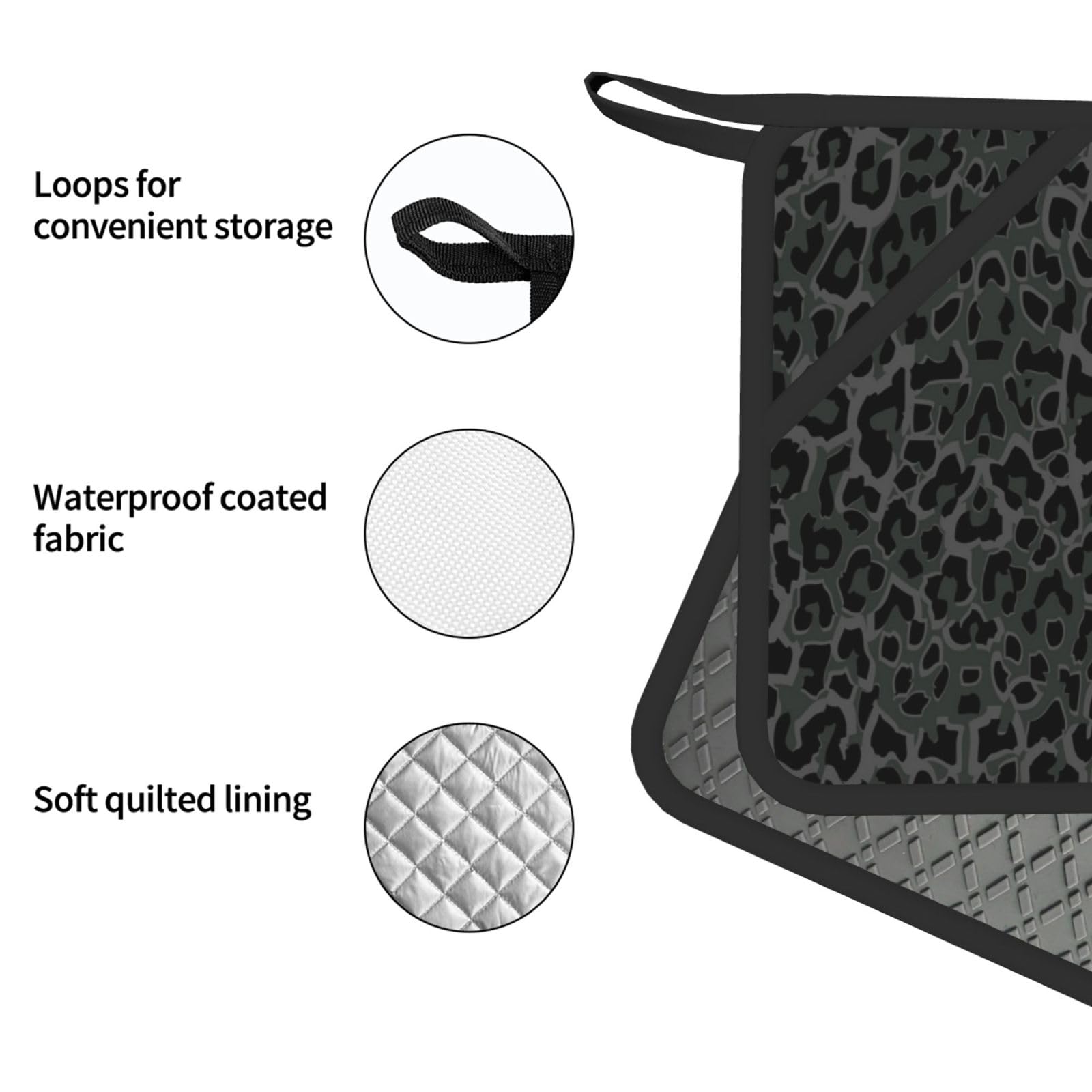 Juego de Cuatro Piezas de Guantes y Manoplas Resistentes al Calor para Hornear, Guantes de Cocina Antideslizantes, Manoplas para Horno, Estampado de Leopardo Negro sin Costuras.