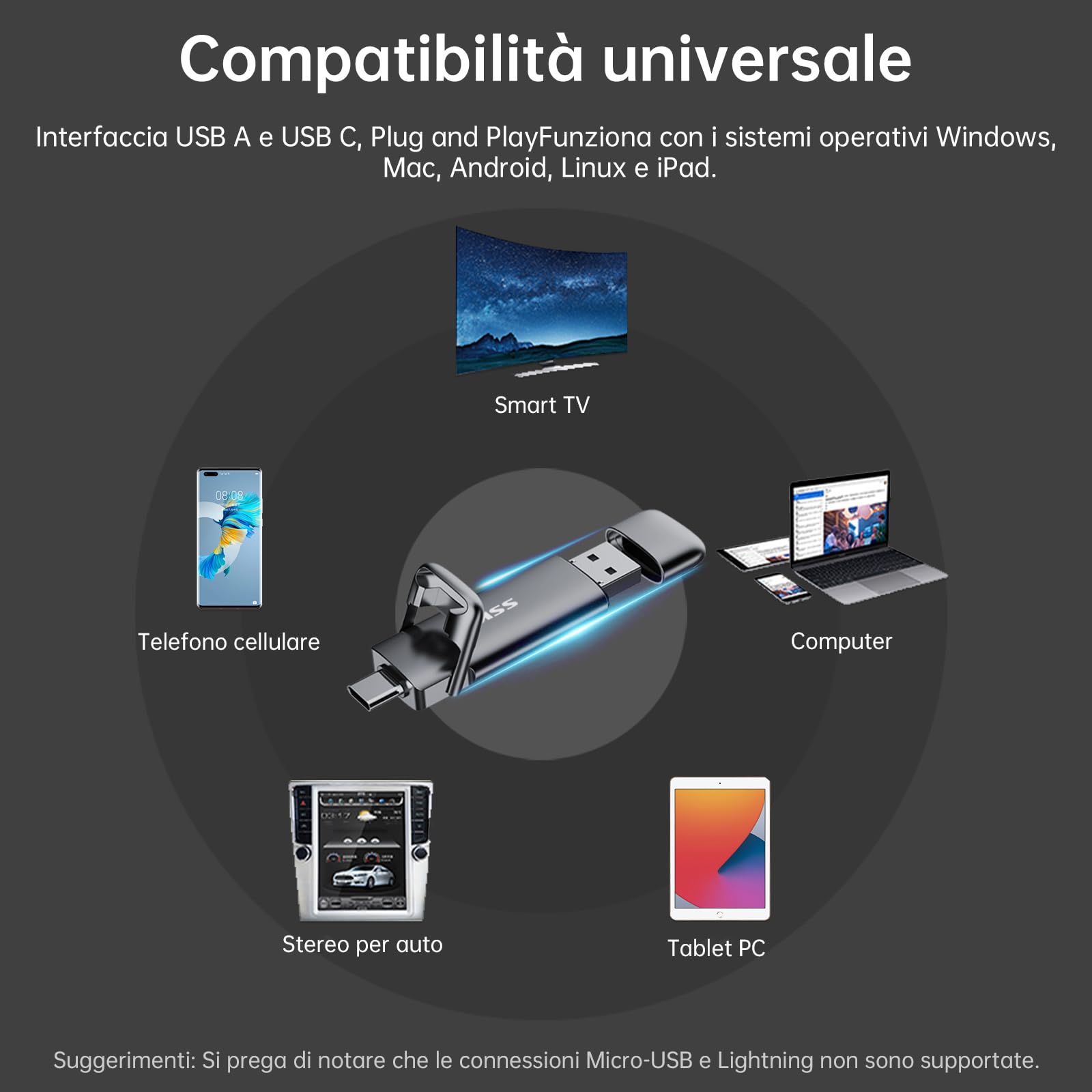 SSK SSD esterno portatile da 128GB Dual USB 3.2 Gen 2 Unità a stato solido fino a 550MB/s in lettura, adattatore USB A + tipo C 2 in 1 Disco rigido SSD da 128GB per laptop, tablet e altro