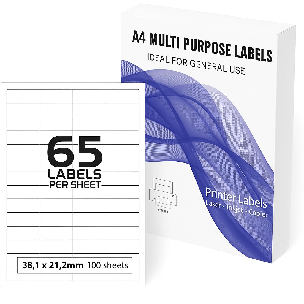 A4 Self Adhesive Address Labels, 65 Labels Per Sheet, 100 Sheets,6,500 Labels,38 x 21.2 mm,Printable Sticky Paper Labels for Office & Home(65 Labels per A4 Sheet)
