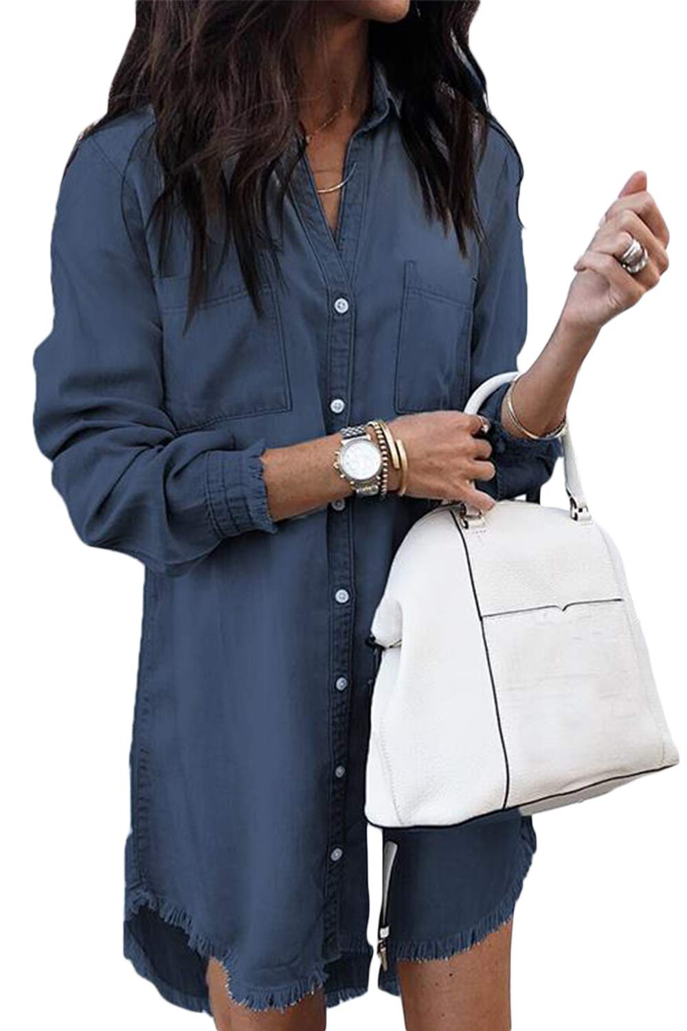 Women Denim Shirt Dresses Long Sleeve Distressed Jean Dress Button Down Casual Tunic Top Navy M