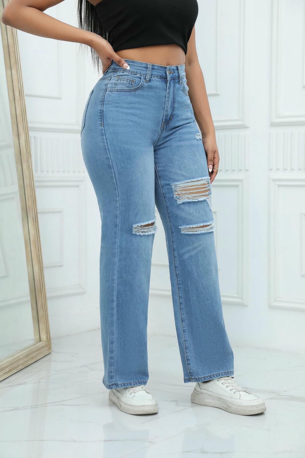 Jeans da Donna I Elastici Strappati Sciolti Sono alla Moda E Versatili-Blu Chiaro-2xl