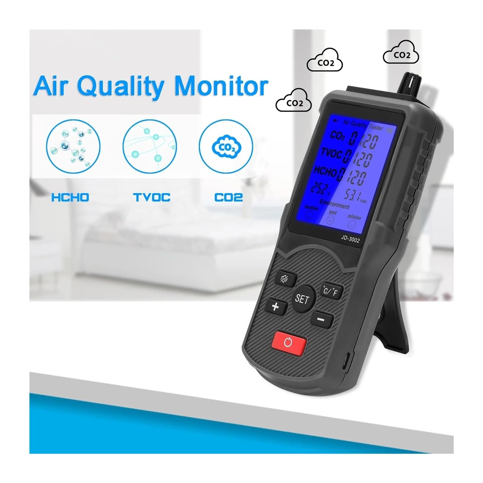 Rilevatore di qualità 'aria Monitor CO2 HCHO TVOC con display LCD per umidità e temperatura | Letture di CO2, HCHO, TVOC, temperatura e umidità in tempo reale con allarme e spegnimento automatico.(Paper box)