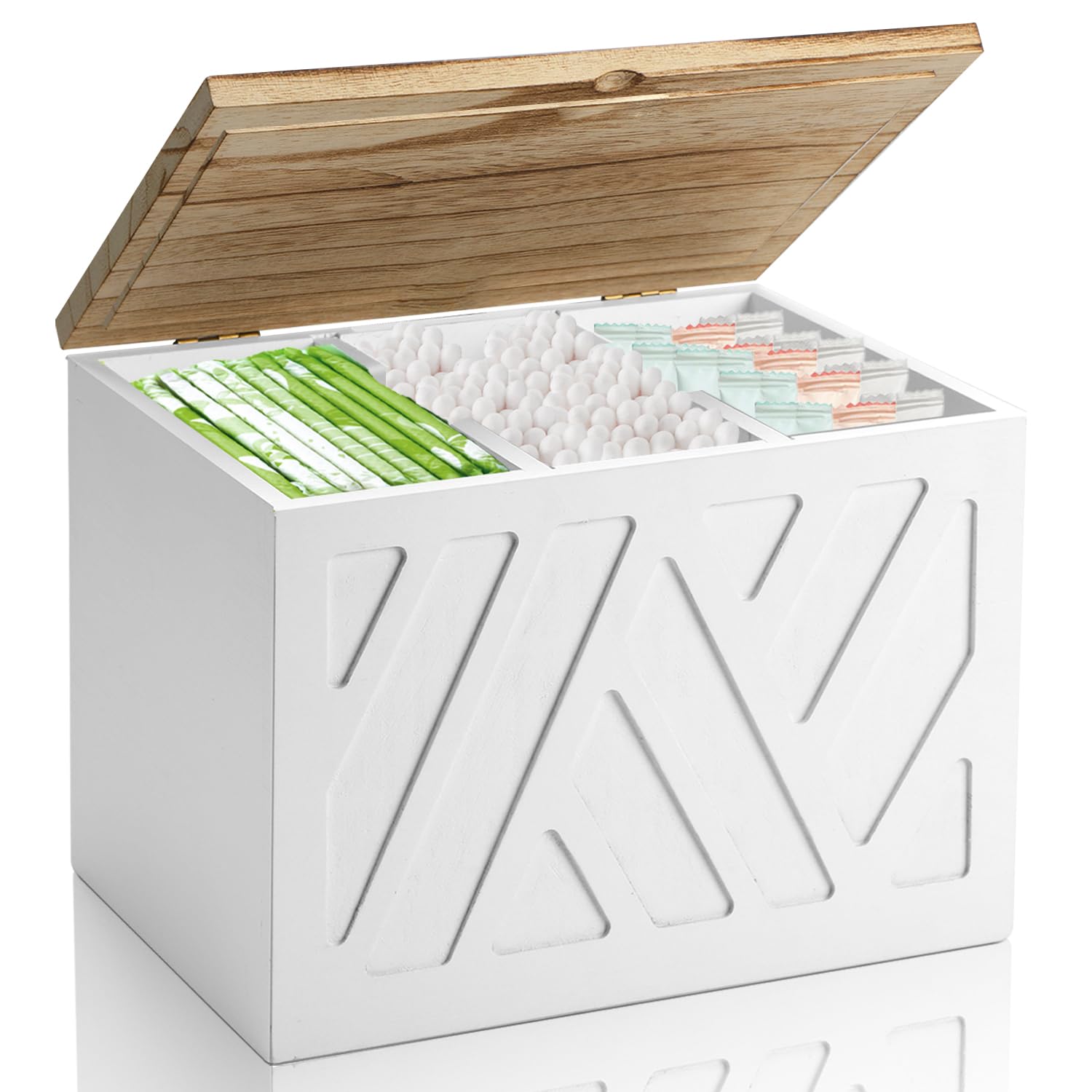 Photo 1 of MROUEN Tampon Holder for Bathroom, Feminine Product Organizer, Pad Organize Case with Lid, Shark Week Wooden Tampon Storage Decor, Lady Girl Stuff Box for Toilet Bathroom Accessories- White