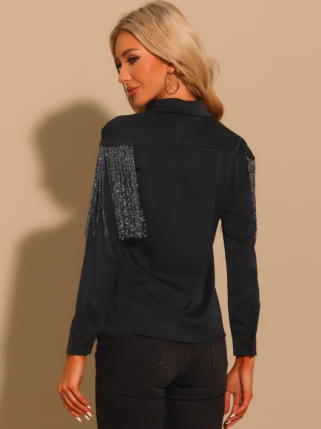 Allegra K Women's Western Fringe Blouse Long Sleeve Button Down Disco Cowgirl Shirts - Image 4