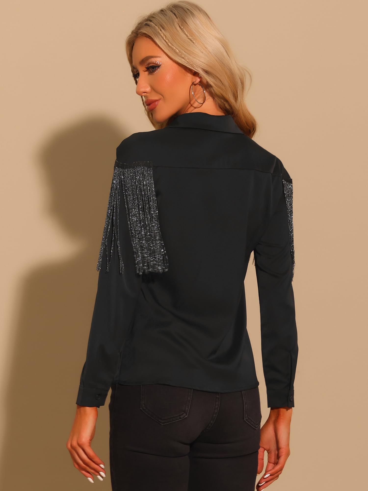 Allegra K Damen Westernbluse mit Fransen, langärmelig, Button-Down, Disco, Cowgirl-Shirts