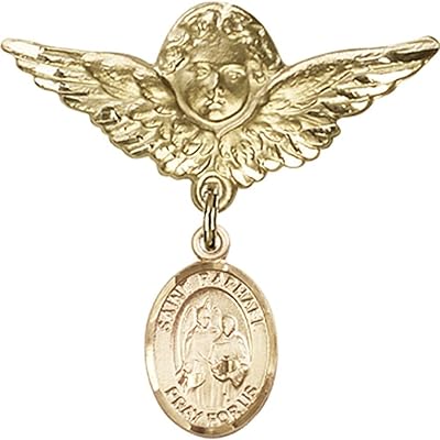 14kt Yellow Gold Baby Badge with St. Raphael the Archangel Charm and Angel w/Wings Badge Pin 1 1/8 X 1 1/8 inches