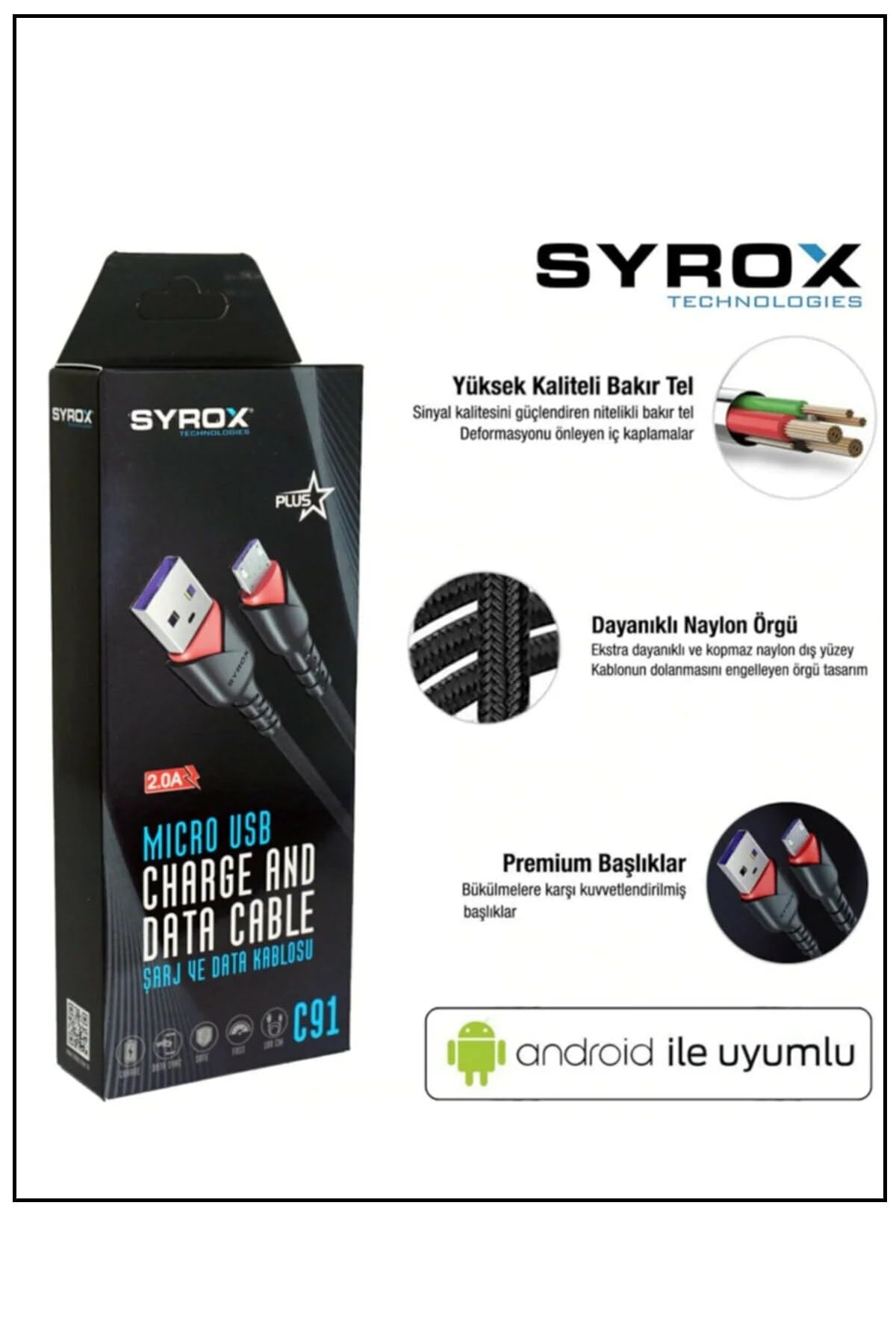SYROX C91 2.0 MAH MİCRO 1 MT GÜL DESENLİ KABLO Araç Şarjı, STANDART