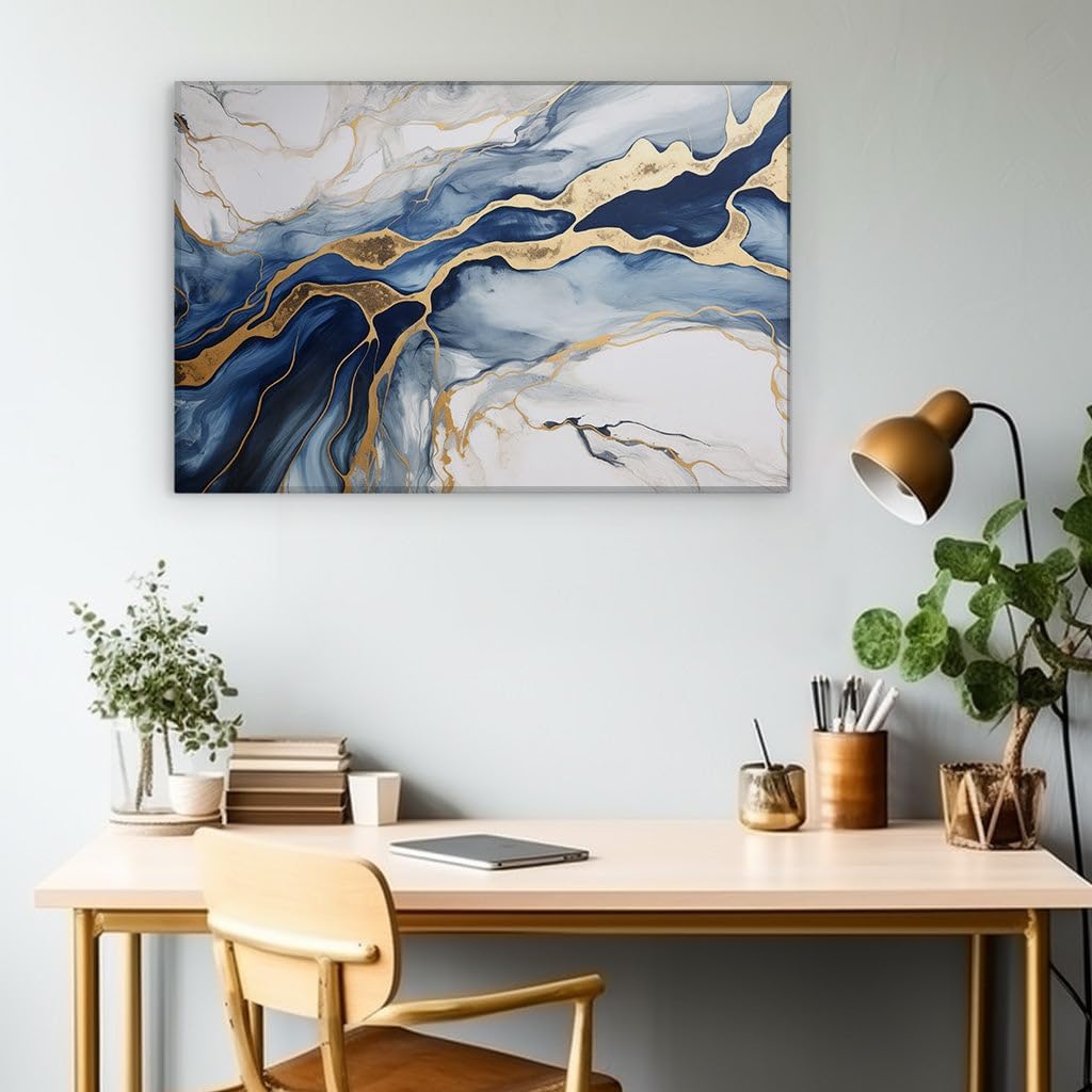 Canvas for Living Room. Flowing Hues of Tranquility: A River's Journey Through Blue and Golden Dreams, 27 x 18 inch Canvas Wall Art - Contemporary Masterpieces - Inspirational Office Decor