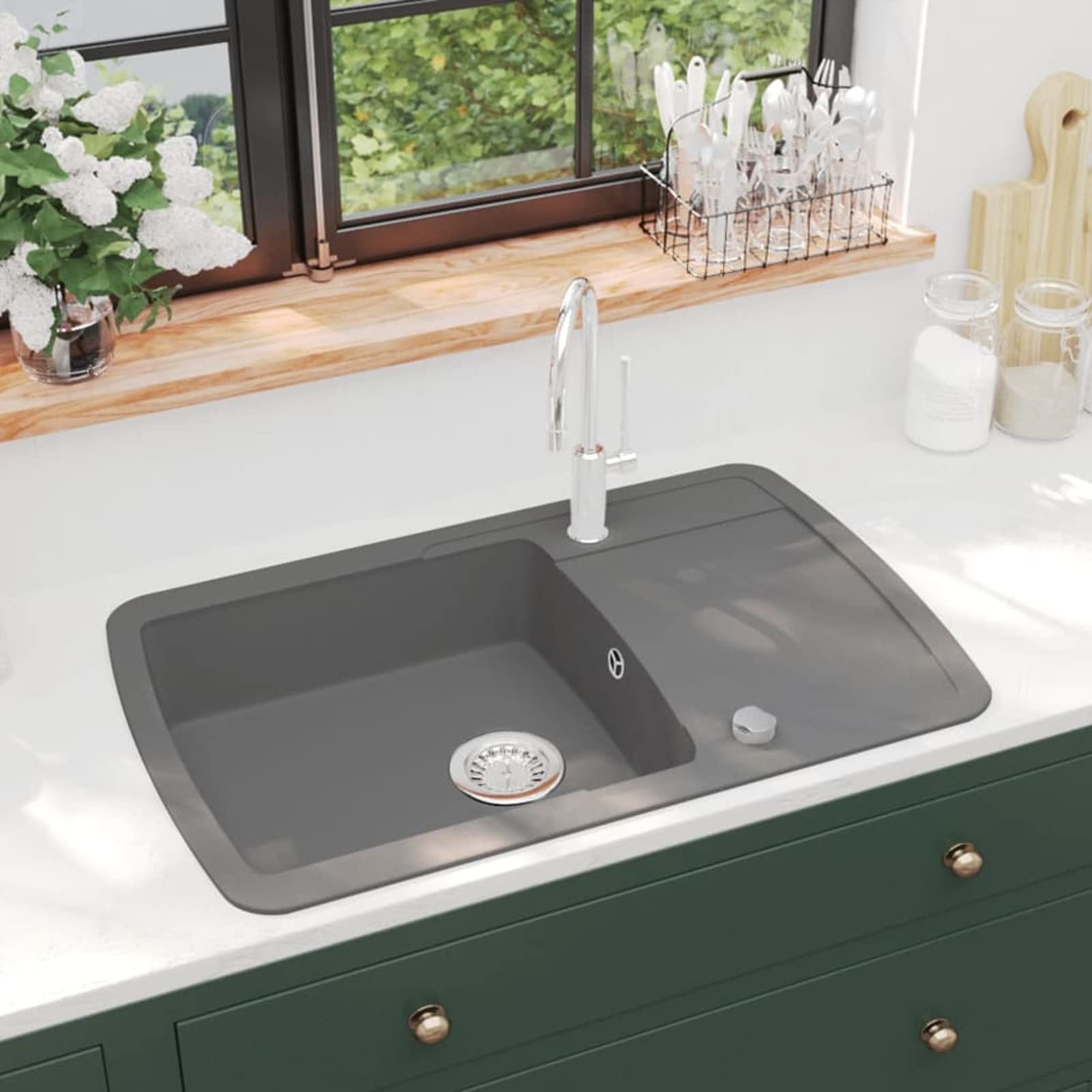 Fregadero de cocina con un seno de granito gris, ShGaxin Mueble Pila Lavadero, Pila Fregadero Cocina, Fregadero Sobre Encimera, Fregadero Baño Encimera, Picas De Cocina