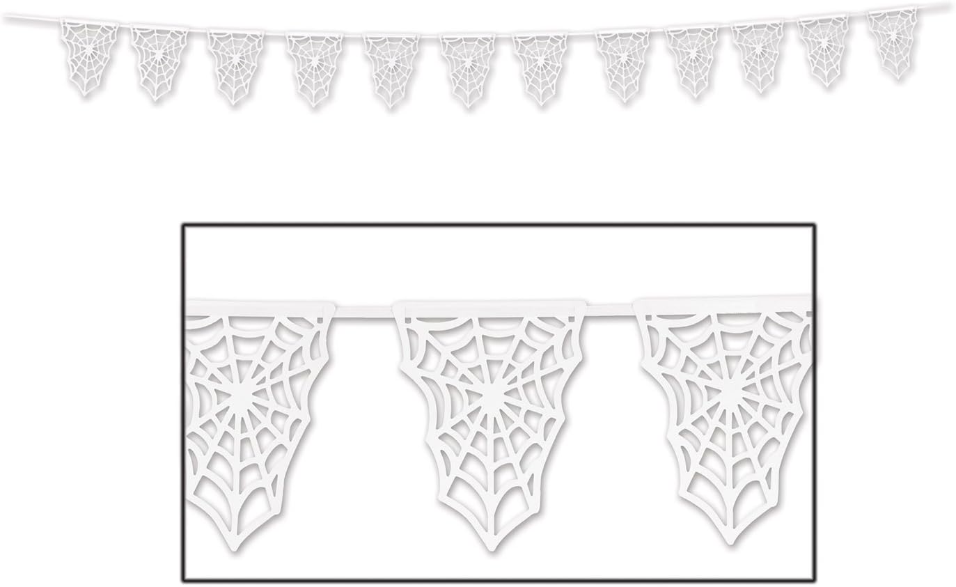 Beistle Club Pack Halloween White Paper Die-Cut Spider Web Pennant Banner, Box of 12