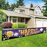Paready ハロウィンタペストリー 飾り付け 背景布 城 お化け アウトドア 庭 Happy Halloween パーティー 壁掛け デコレーション パープル 300*50cm