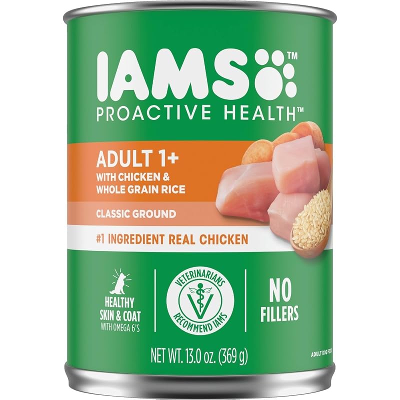 Ração úmida Iams Ground Dinner para cães adultos, sabor frango, lata de 374 g