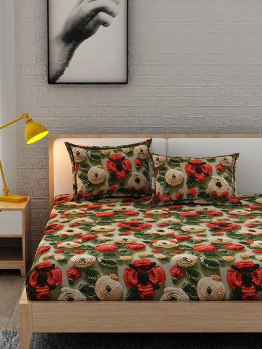 Image of 350 TC Premium Heavy Cotton Feel Elastic Fitted Bedsheet King Size with 2 Pillow Covers || Double Bed with All Around Elastic (Crochet 7D, Fitted - Double72x72)