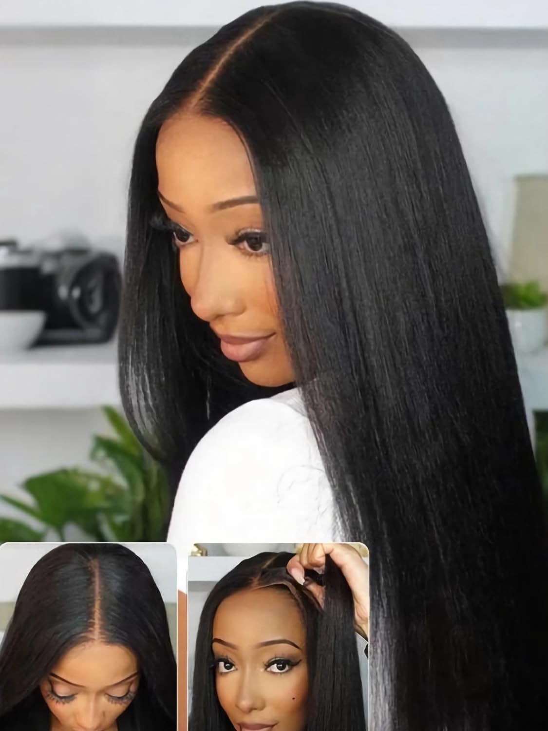 Julia Hair No Slip Yaki Straight 7x5 Lace Closure Glueless Drawstring Wig Flexible Mesh Cap Bye-Bye Slip Pre Cut HD Lace Front Pre Everything Bleached Knots Wear and Go Wig,Zero Slip Hold 18 Inch