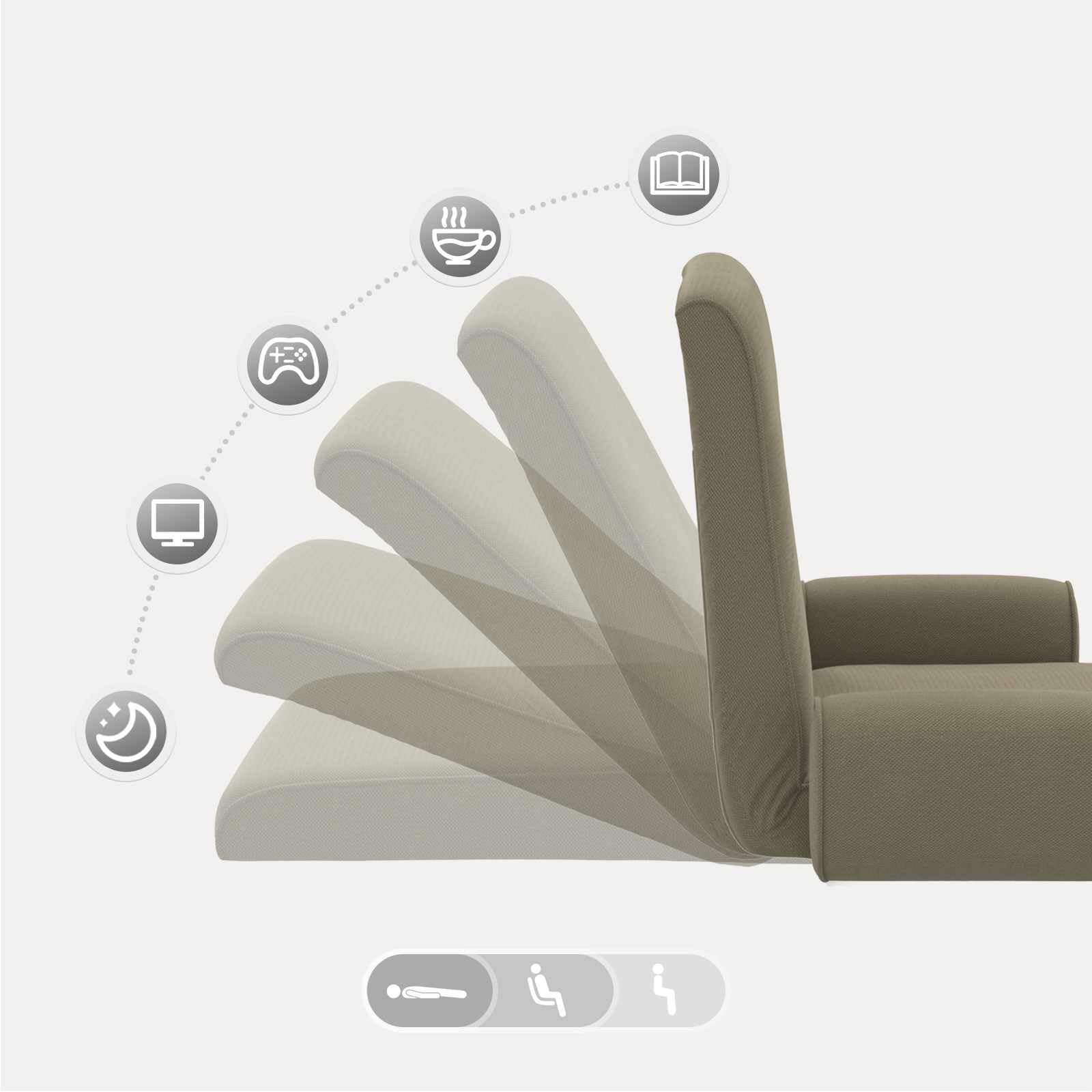 Regulowane krzesło podłogowe khaki gruby welur z wyściełanym siedziskiem, oparciem pod wieloma kątami, ergonomicznie składane, do salonu, sypialni, medytacji, jogi, czytania i gier