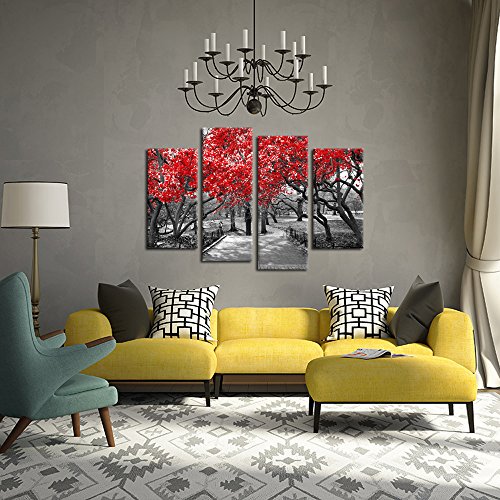 Kreative Arts - Large 4 Piece Canvas Prints Canopy Of Red Trees In Surreal Black And White Landscape Scene In Central Park New York City Picture Wall Art Modern Canvas Painting For Home Decoration #TOP1