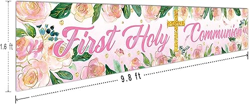 Miniatura 2 de Cartel rosa de la primera comunión de 9.8 x 1.6 pies, pancarta de primera comunión para bebé, bautismo, fiesta, patio, jardín, decoración de primera