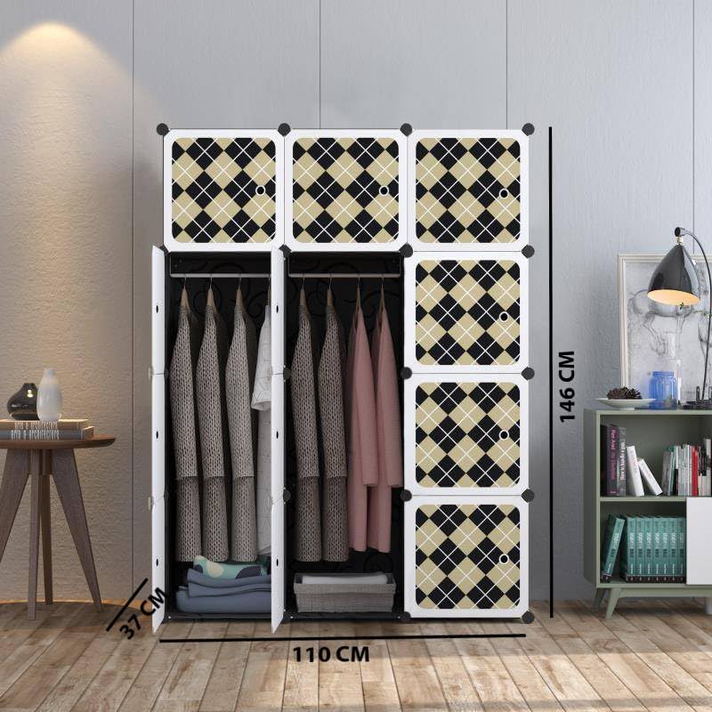 Image of AYSIS Almirah for Clothes, Plastic Soft Sheet Collapsible Wardrobe for Kids Toys /Books, Baby Cupboard for Storage in Bedroom Nursery, Cartoon (Black, 12-Shelf-12-Door)
