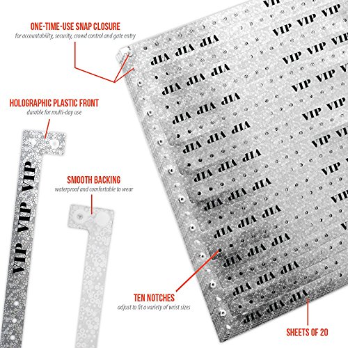 Wristco Premium Holographic Silver Vip Plastic Secure Snap Wristbands - 100 Count 5/8" X 10" - Adjustable Size Bracelets For Events, Waterproof, Durable, Tearproof, Wrist Bands Used At Waterparks Concerts Festivals Conferences For Security Admission #TOP1