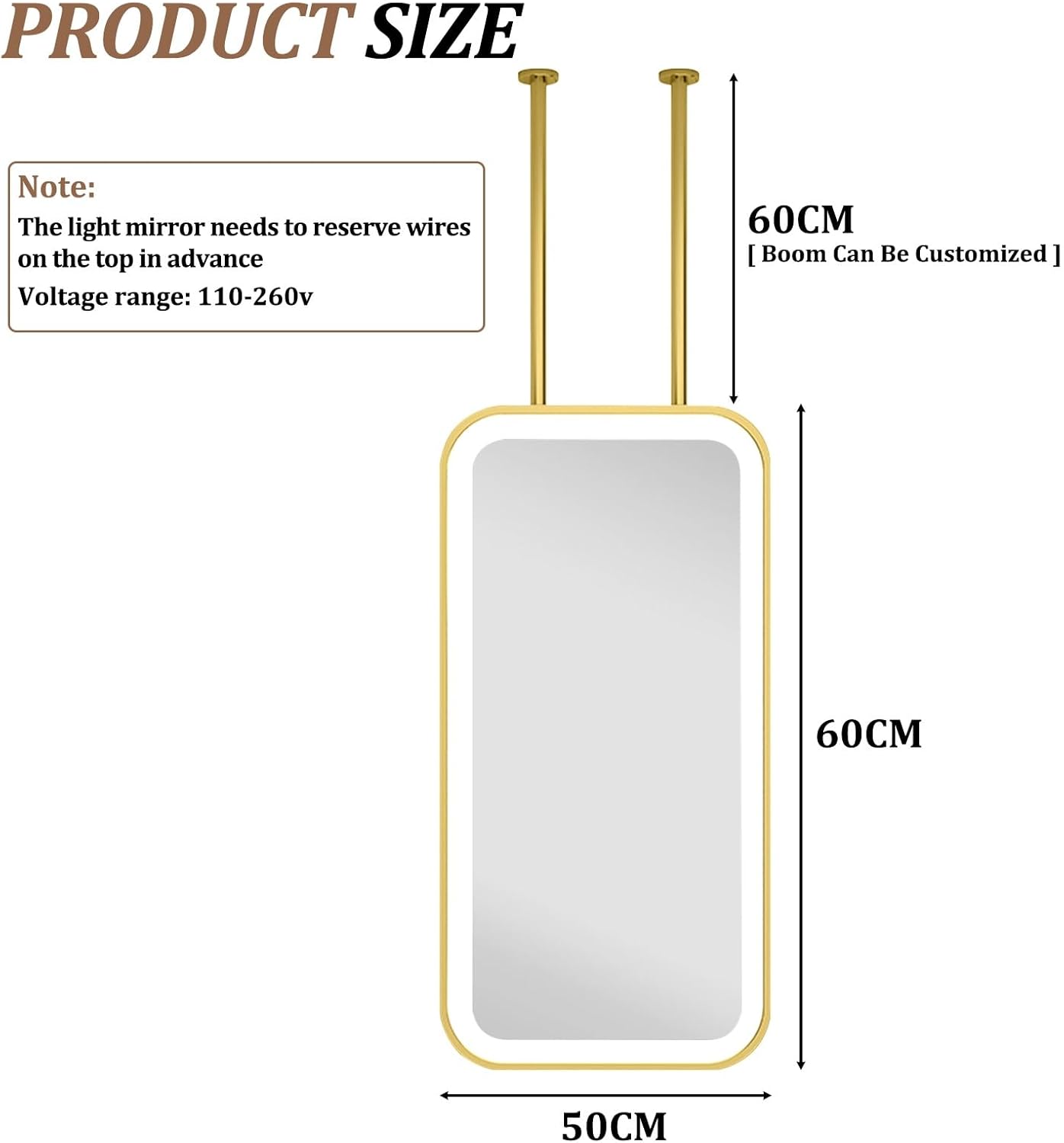 長方形バスルームミラー、LEDライト付き、40x60cm 40x70cm 50x60cm 50x70cm天井装飾ミラーHD化粧台メイ