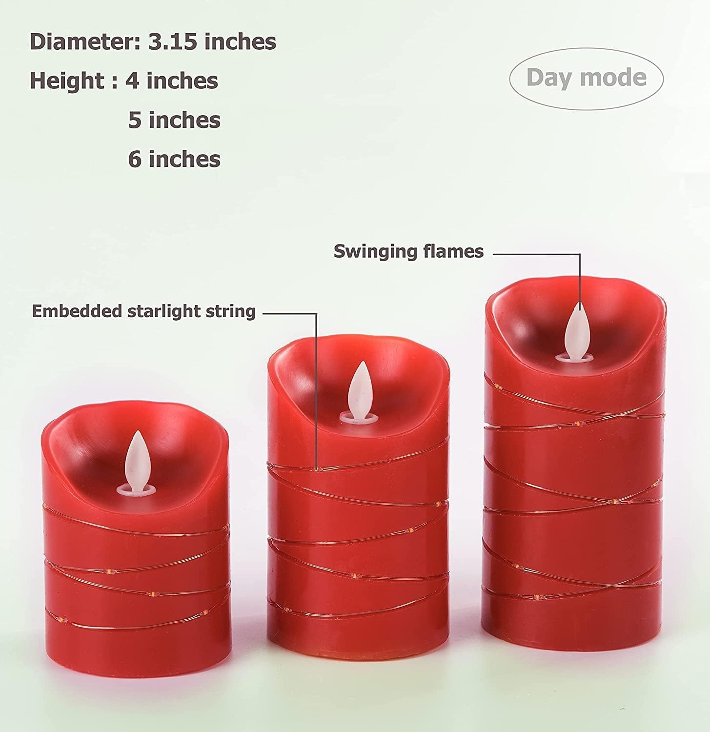 DANIP, candela rossa a LED senza fiamma con stringa Starlight incorporata, 3 candele LED, telecomando a 10 tasti, funzione timer 24 ore, fiamma danzante, vera cera, alimentazione a batteria.