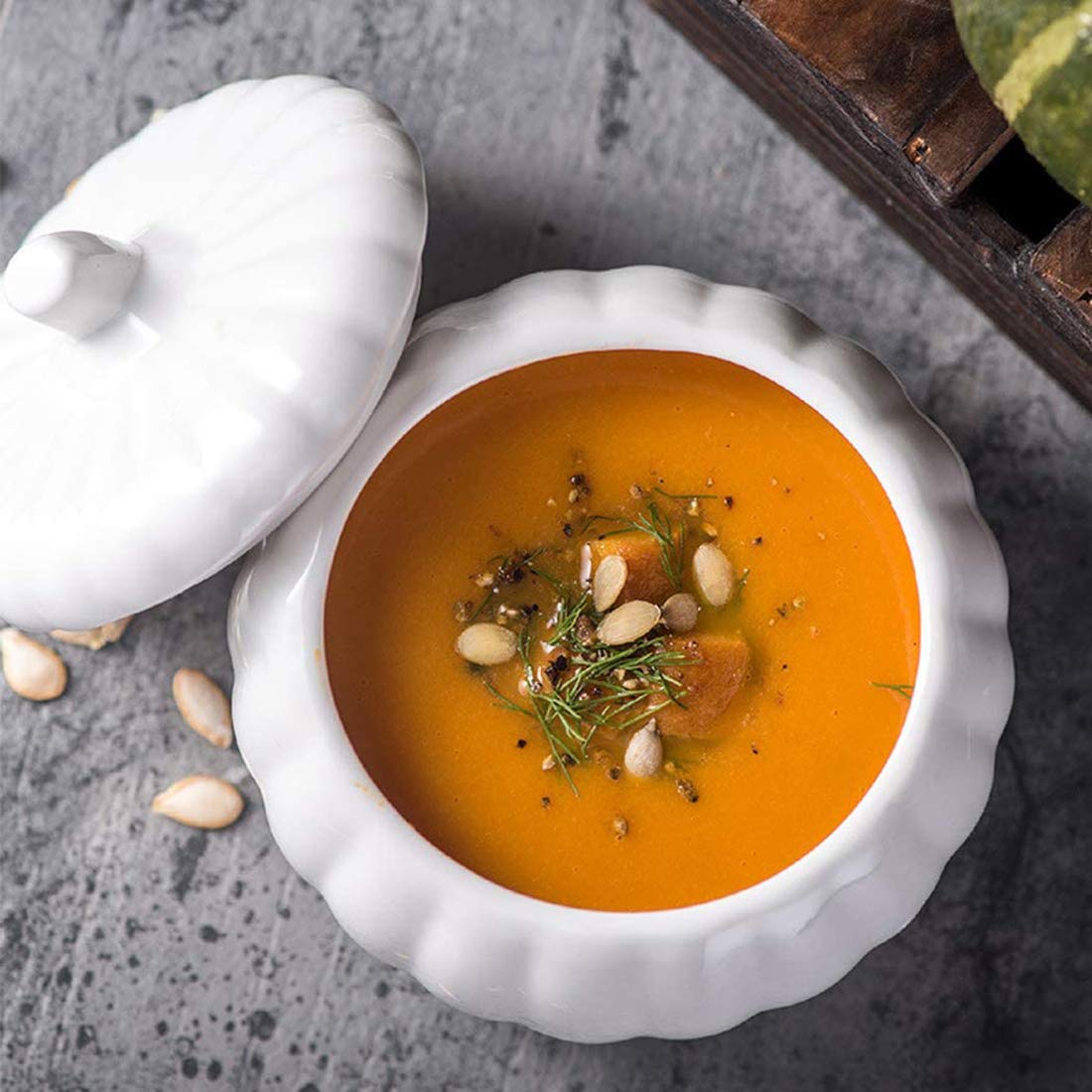 Eplze Cute Pumpkin Bowl, Ceramic Soup Bowl, Strength Porcelain Dessert Bowl with Lid- White - Image 4