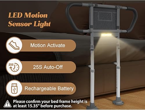Miniatura 5 de Rieles de cama para adultos mayores Rieles ajustables de asistencia de cabecera con bolsillos de almacenamiento, asas antideslizantes, luz nocturna