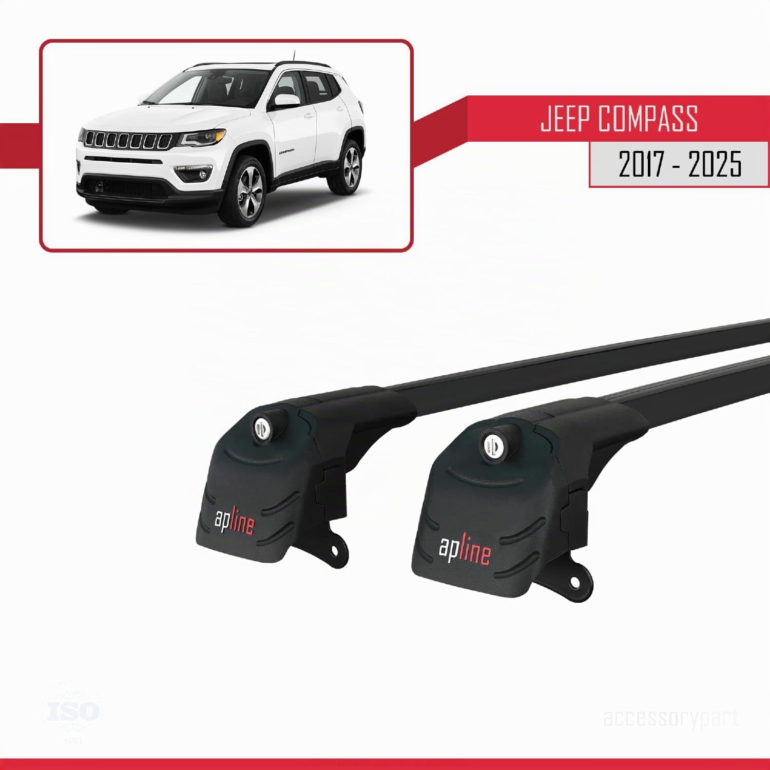 Compatible con Jeep Compass (MP552) 2017-2025 Modelo Ace-2 Barra de Techo Auto Portaequipajes Barras Transversales Negro Aluminio 2 Barras